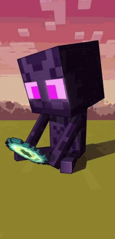 Enderman in a pixel art sunset, gaming on a mobile screen.