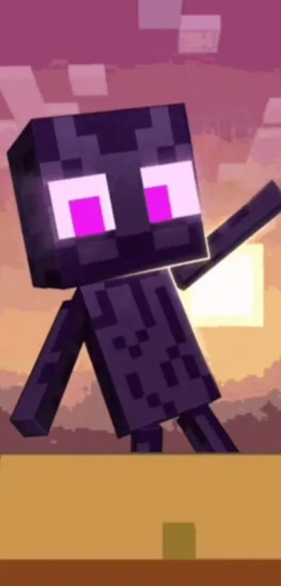 Enderman in pixel art style with a sunset backdrop.