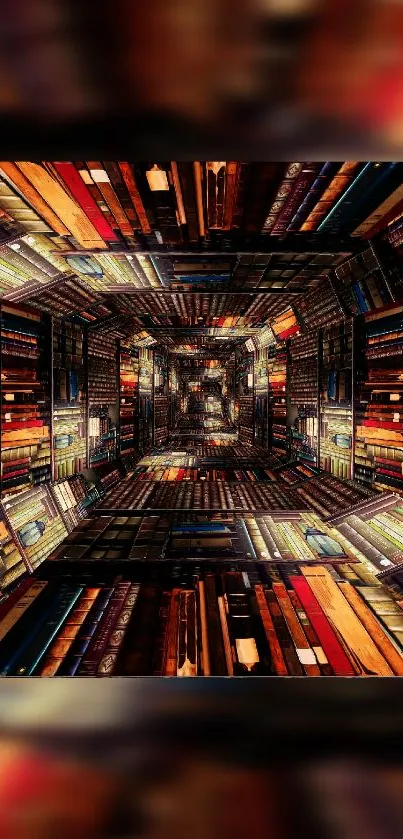 Colorful tunnel of books creating an infinite art illusion.