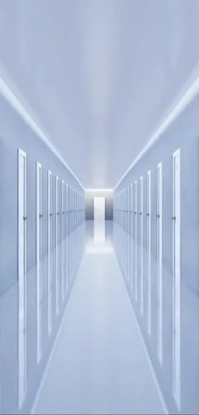 Symmetrical white corridor with doors and reflective floors creating depth.