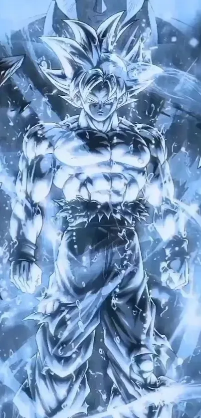 Energetic anime character surrounded by intense blue energy and effects.