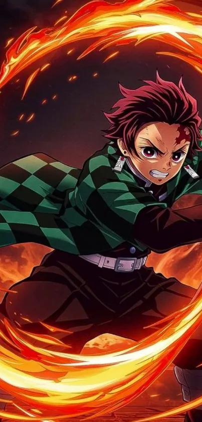 Anime character surrounded by fire in action.