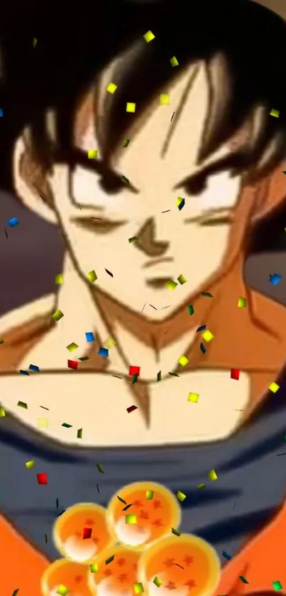 Anime character with orange outfit and confetti.