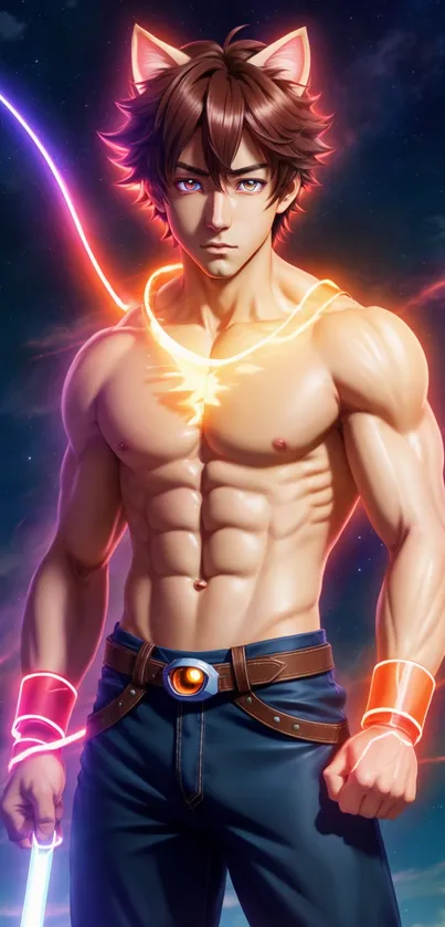 Energetic anime character with cosmic backdrop and vibrant lighting effects.