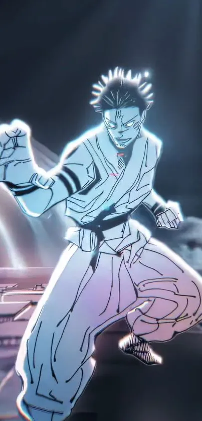 Anime fighter in action pose with glowing effects.