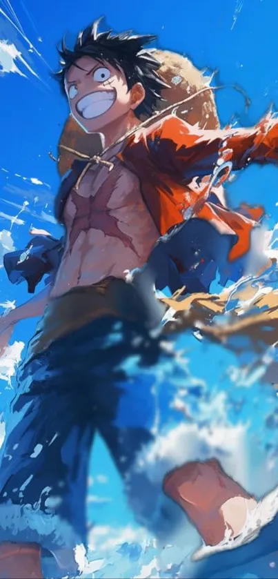 Energetic anime hero breaking through ocean waves, full of vibrant colors.