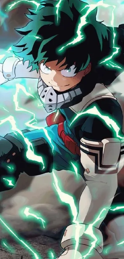 Anime hero surrounded by electric energy in action pose.