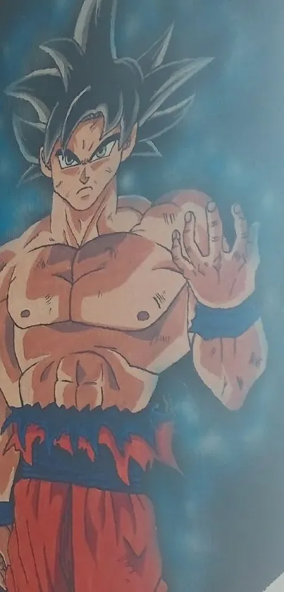 Anime hero in dynamic pose, blue background.