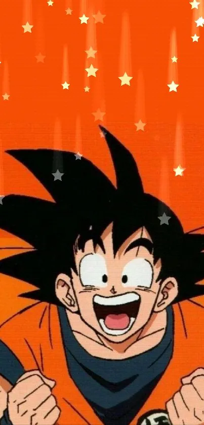 Anime character against an orange background, exuding energy.