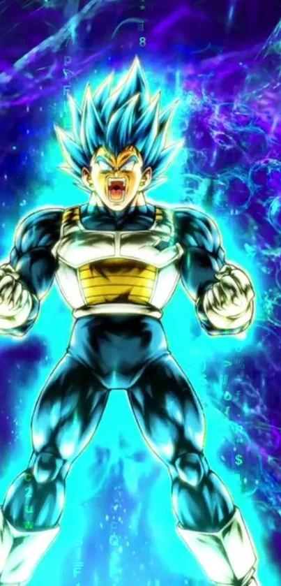 Anime character with glowing blue energy aura in dynamic pose.