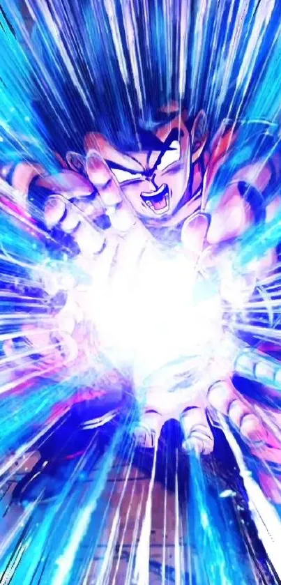 Anime character releasing a dynamic blue energy burst in action scene.