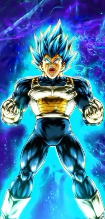 Dynamic anime character with blue energy aura.