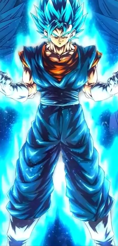 Anime character emanating blue energy aura in powerful stance.