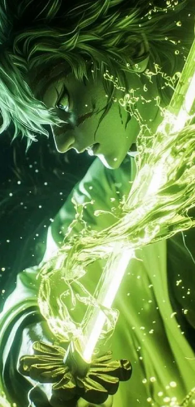 Anime warrior with glowing green energy sword in an action pose.