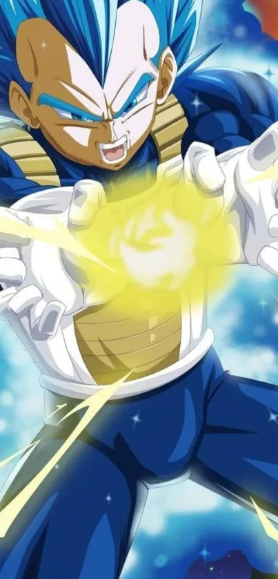 Anime warrior unleashes energy blast in vibrant blue scene.