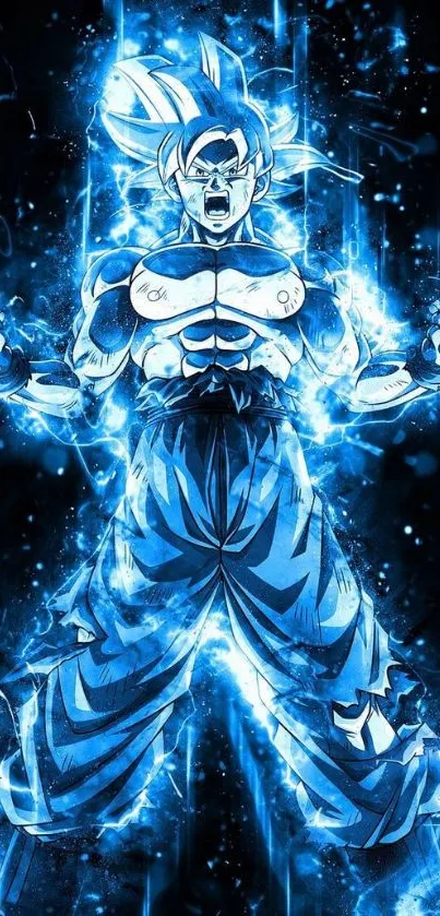 Anime character surrounded by vibrant blue energy aura.