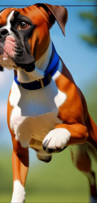 Boxer dog running energetically in natural setting wallpaper.