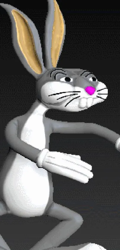 Energetic cartoon bunny with dynamic pose on gray background.