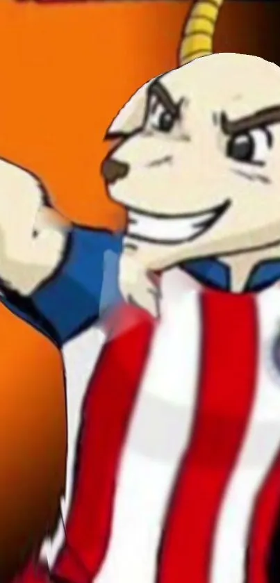 Energetic cartoon goat mascot in red jersey.