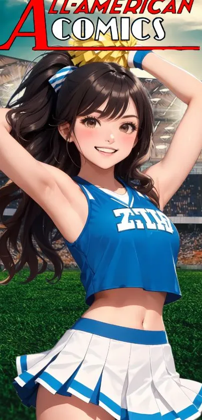 Anime cheerleader in blue uniform on a field, vibrant wallpaper.