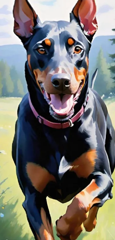 A playful Doberman runs in a vibrant green field with a scenic background.
