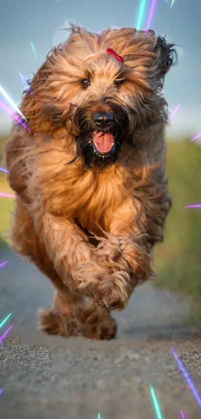 Joyful dog running with colorful streaks in a vibrant outdoor setting.