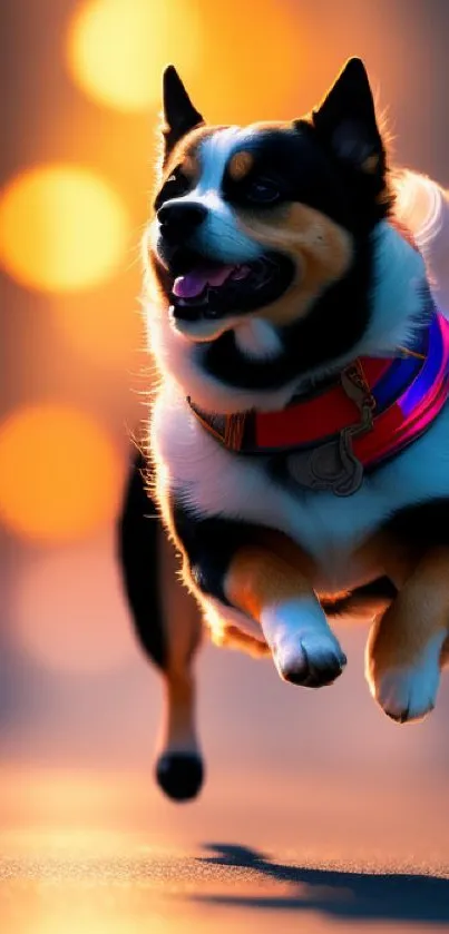 Joyful dog running with colorful bokeh lights in vibrant mobile wallpaper.