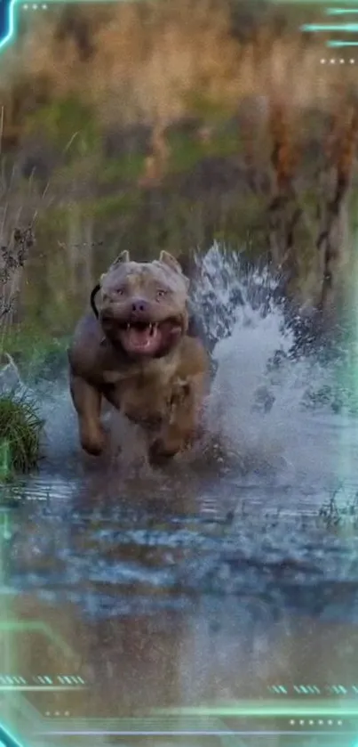 A dog runs energetically in a sci-fi framed, water-splashing scene.