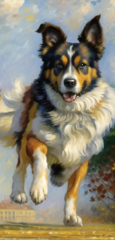 Lively artwork of an energetic border collie playing outdoors.