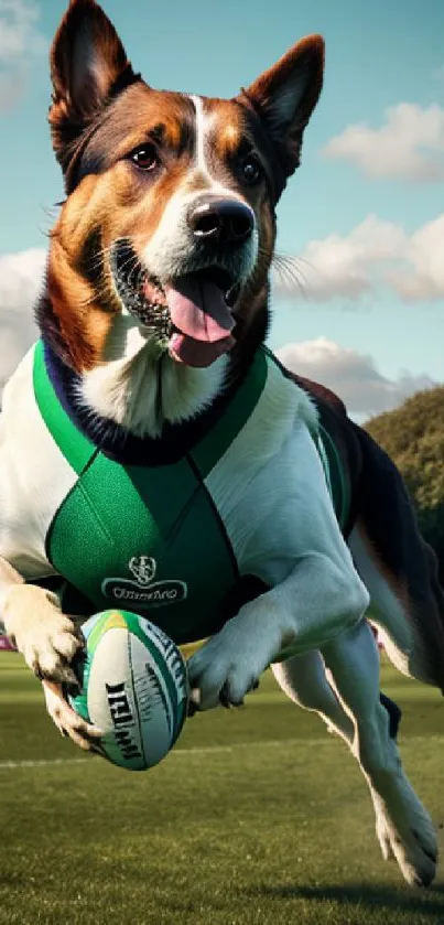 A lively dog in a green jersey playing rugby on a sunny field.