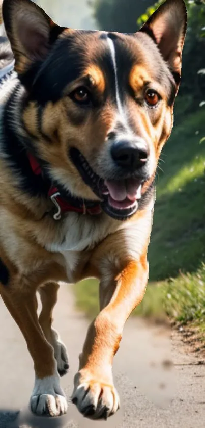 Energetic dog running outdoors in a scenic path.