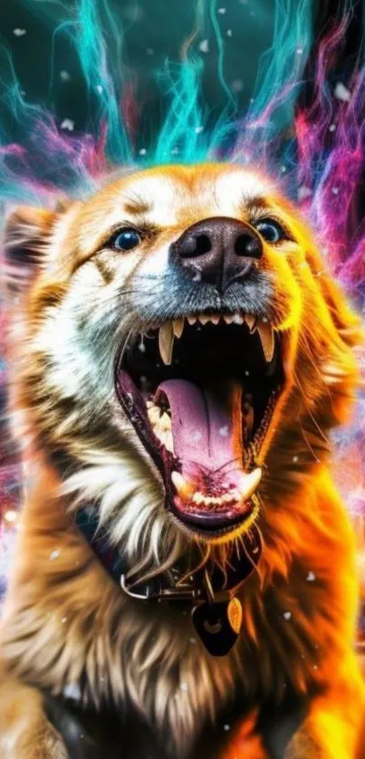 Roaring dog with vibrant lightning background.