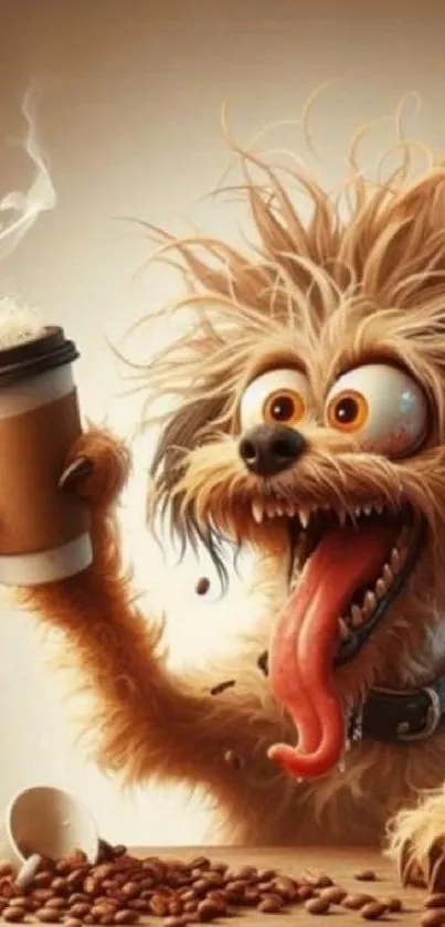 Energetic dog holding coffee cup with joyful expression.