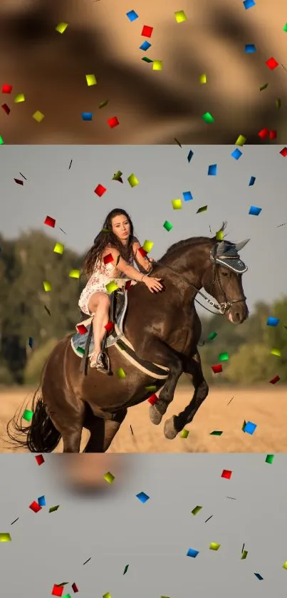 Girl riding a horse with confetti in vibrant outdoor scenery.