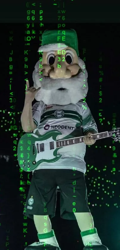 Mascot rocking on stage with guitar under glowing lights.