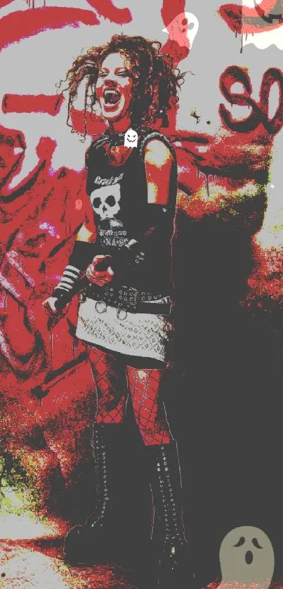 Energetic punk character in front of vibrant graffiti wall.
