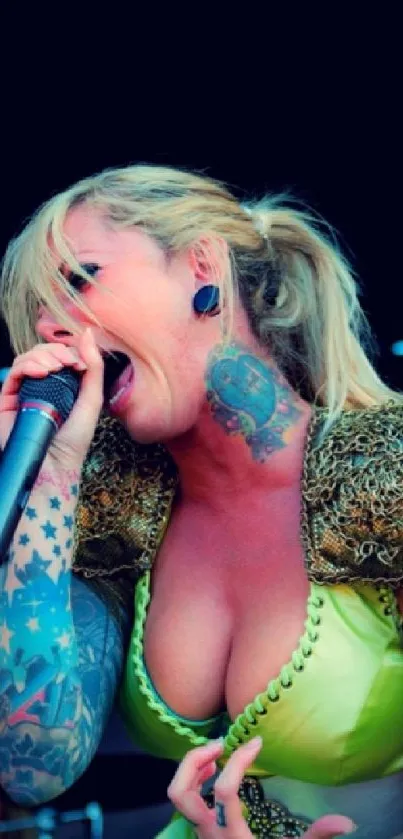 Rock performer passionately singing on stage with vibrant details.