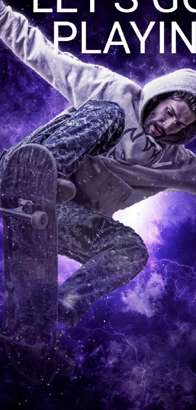 Skateboarder jumping with purple cosmic background.