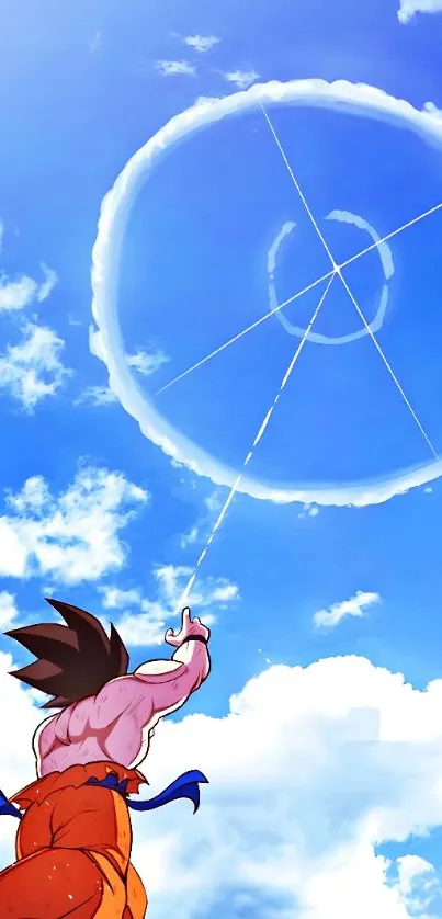 Anime character reaching towards vibrant blue sky with dynamic cloud patterns.