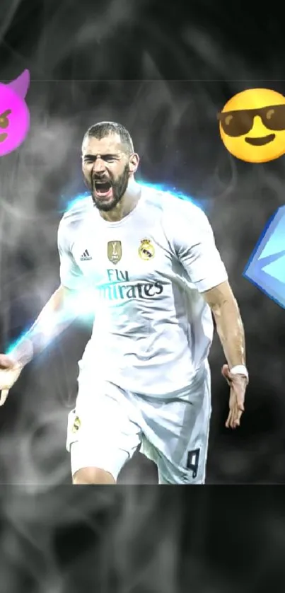 Soccer player celebrating with emojis and a diamond on a mobile wallpaper.