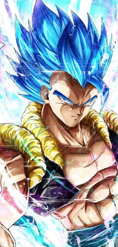 Anime character with blue hair and energy aura in a dynamic pose.