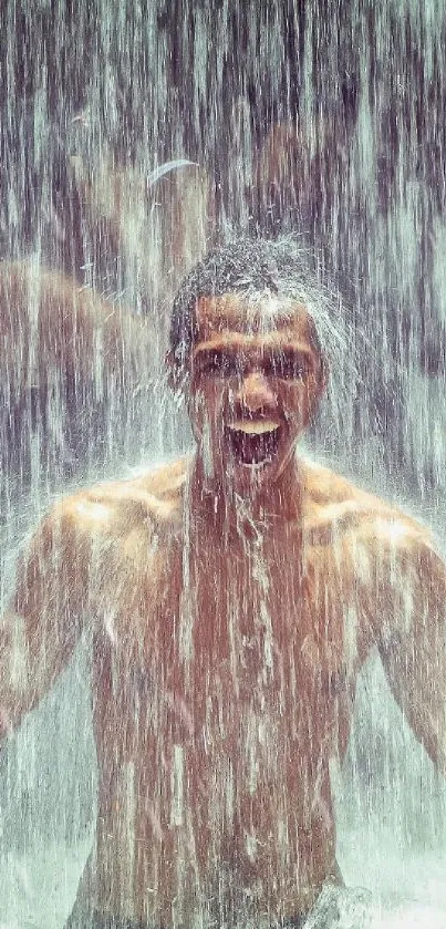 Man enjoying waterfall, creating a vibrant and energetic atmosphere.