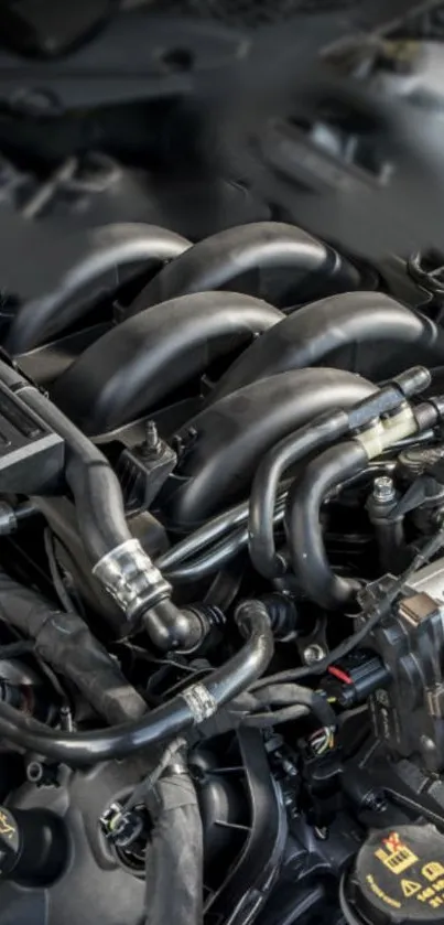 High-resolution close-up of a car engine with detailed mechanical components.