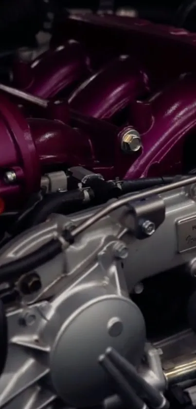 Close-up of a maroon engine component with intricate details.