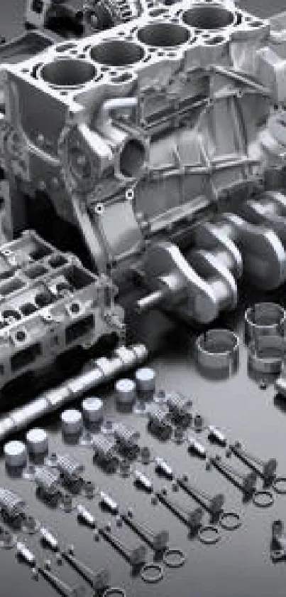 Intricately arranged car engine parts in gray scale for a mobile wallpaper.