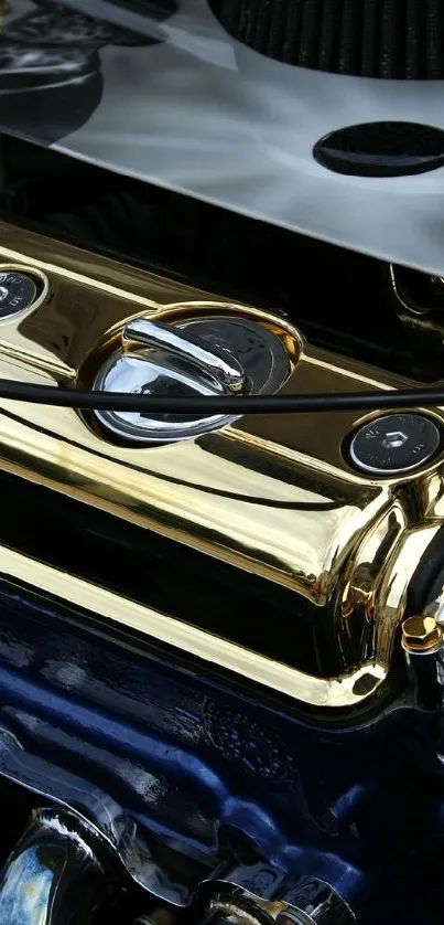 Close-up of a gold metallic engine with shiny components.