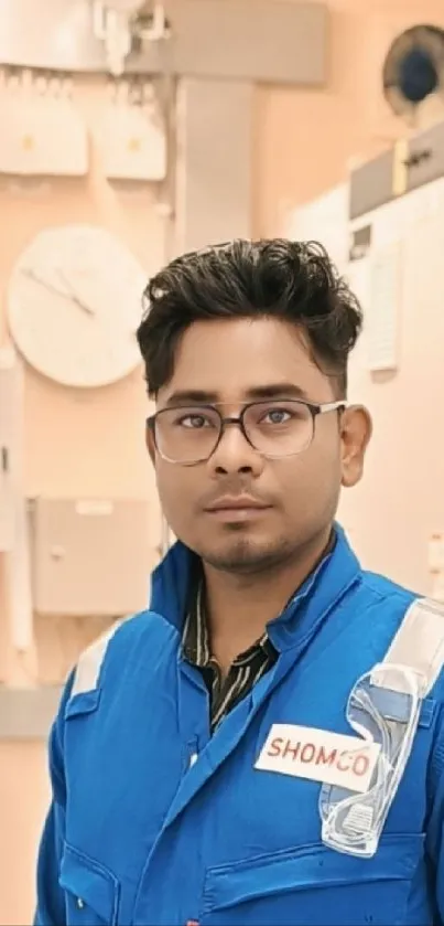 Engineer in a blue uniform in a control room setting.