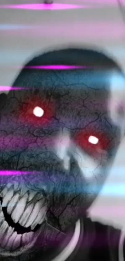 Creepy digital monster face with glowing red eyes and cracked textures.