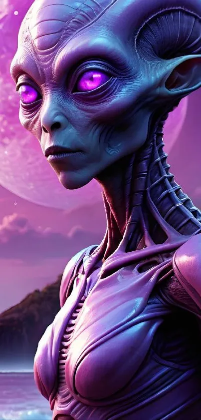 Vibrant alien art with purple tones and moonlit background.