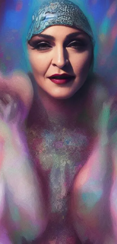 Vibrant Art Deco woman with purple hues in a digital mobile wallpaper.